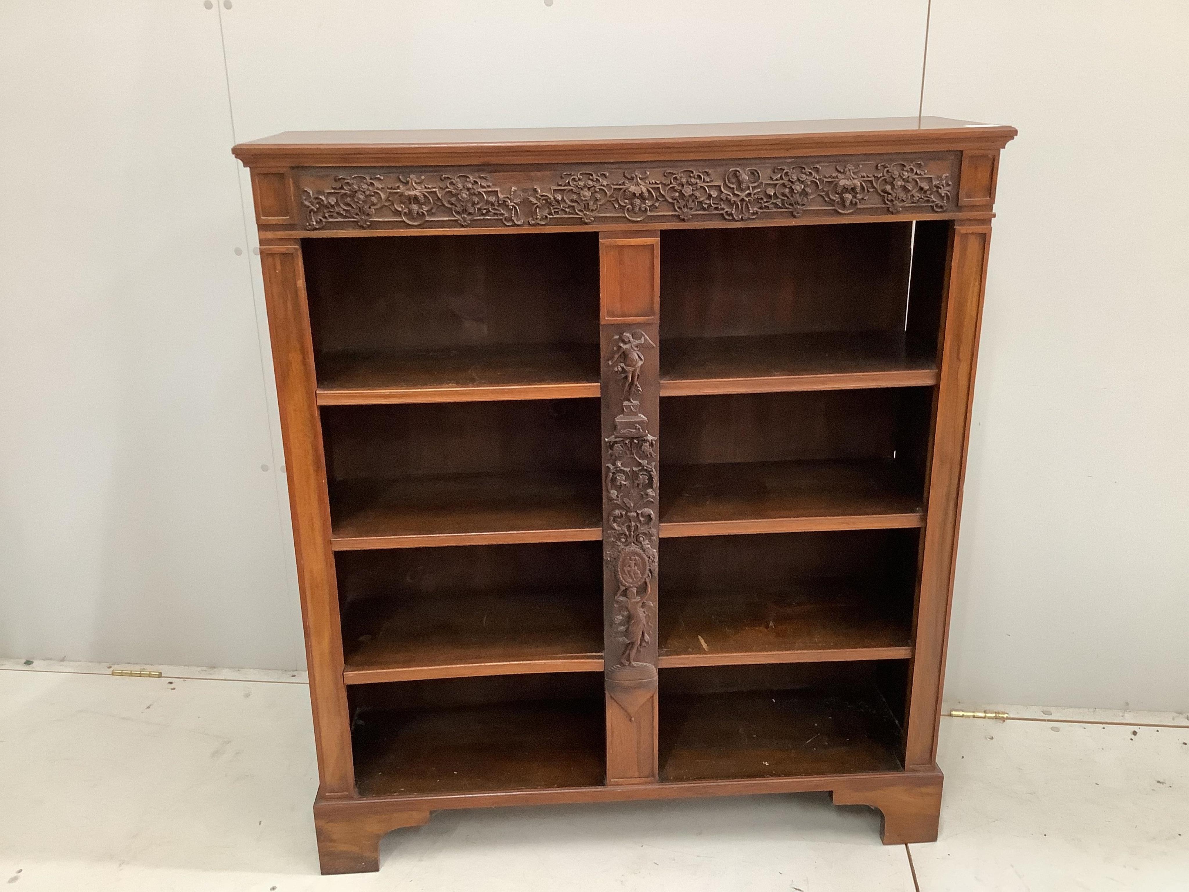 An Edwardian and later walnut open bookcase, width 104cm, height 115cm. Condition - fair to good